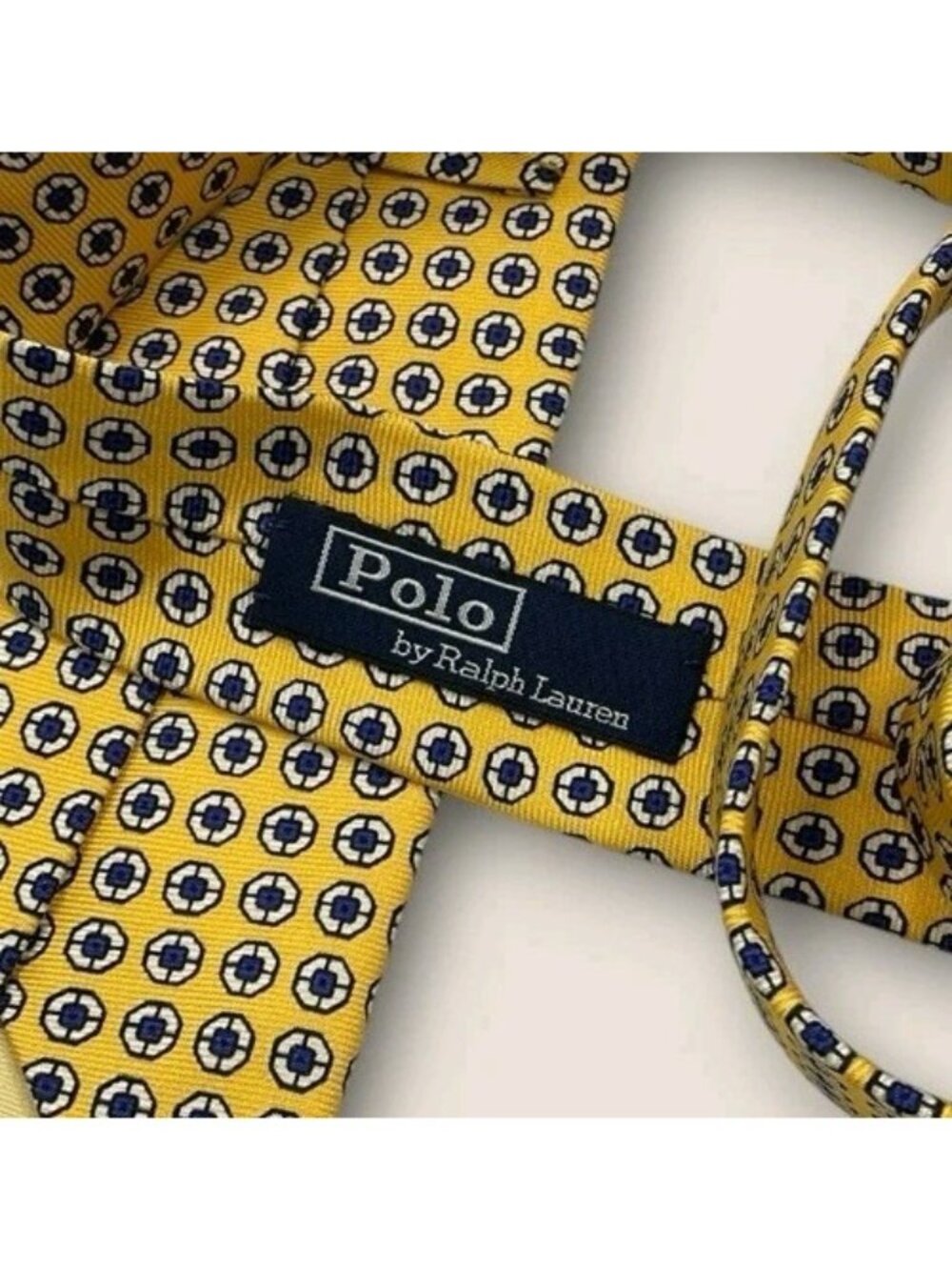 POLO RALPH LAUREN Silk Tie ITALY Yellow Blue White Geometric W:3.5" EUC - Picture 2 of 6
